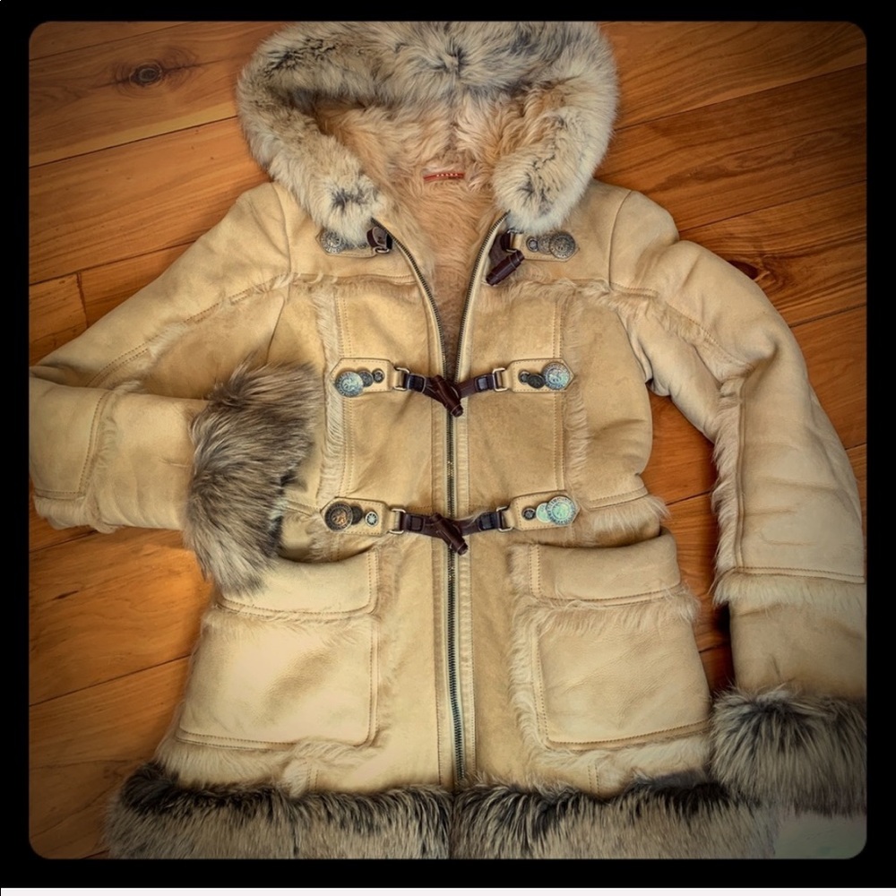 Prada sheepskin and fox trim winter coat.